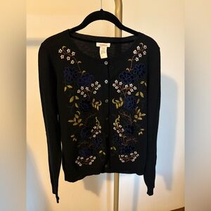 Sundance Embroidered Black Merino Wool Cardigan Sweater